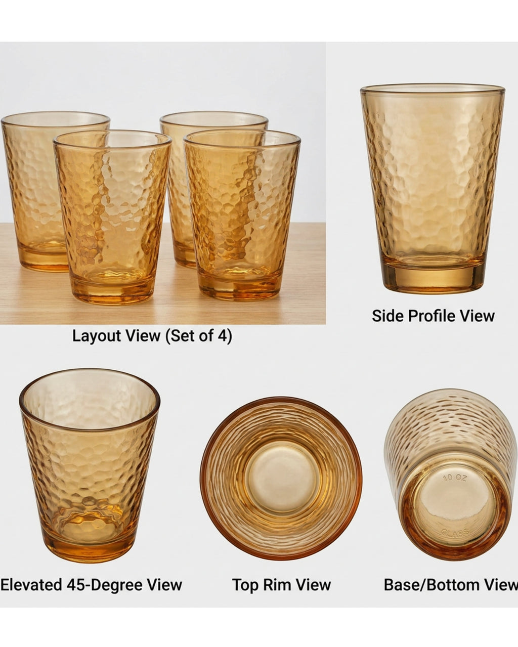 Activepl Hammered Glass Drinking Cups Amber 10 oz Set of 6