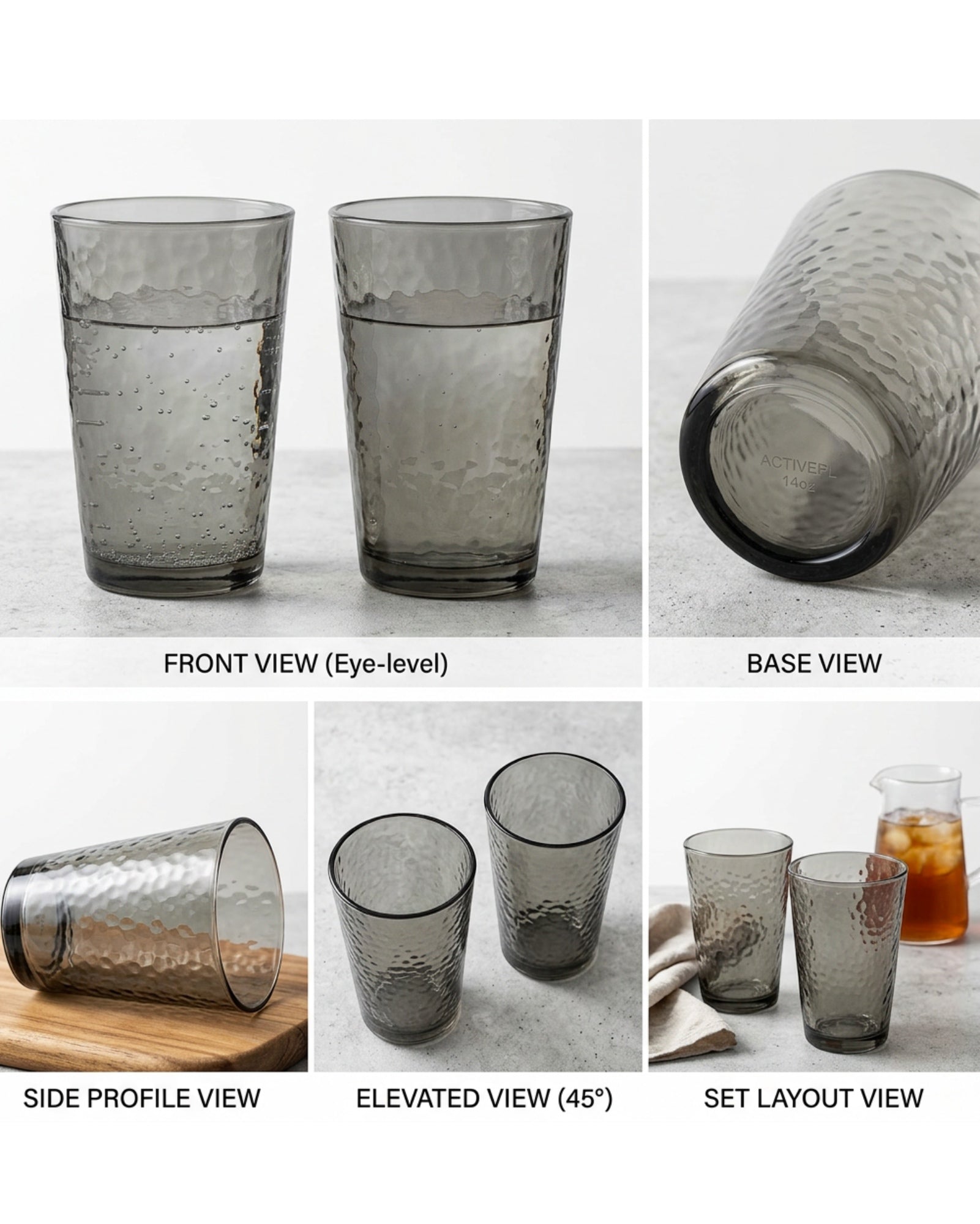 Activepl Hammered Glass Tumblers Smoke 14 oz Set of 2