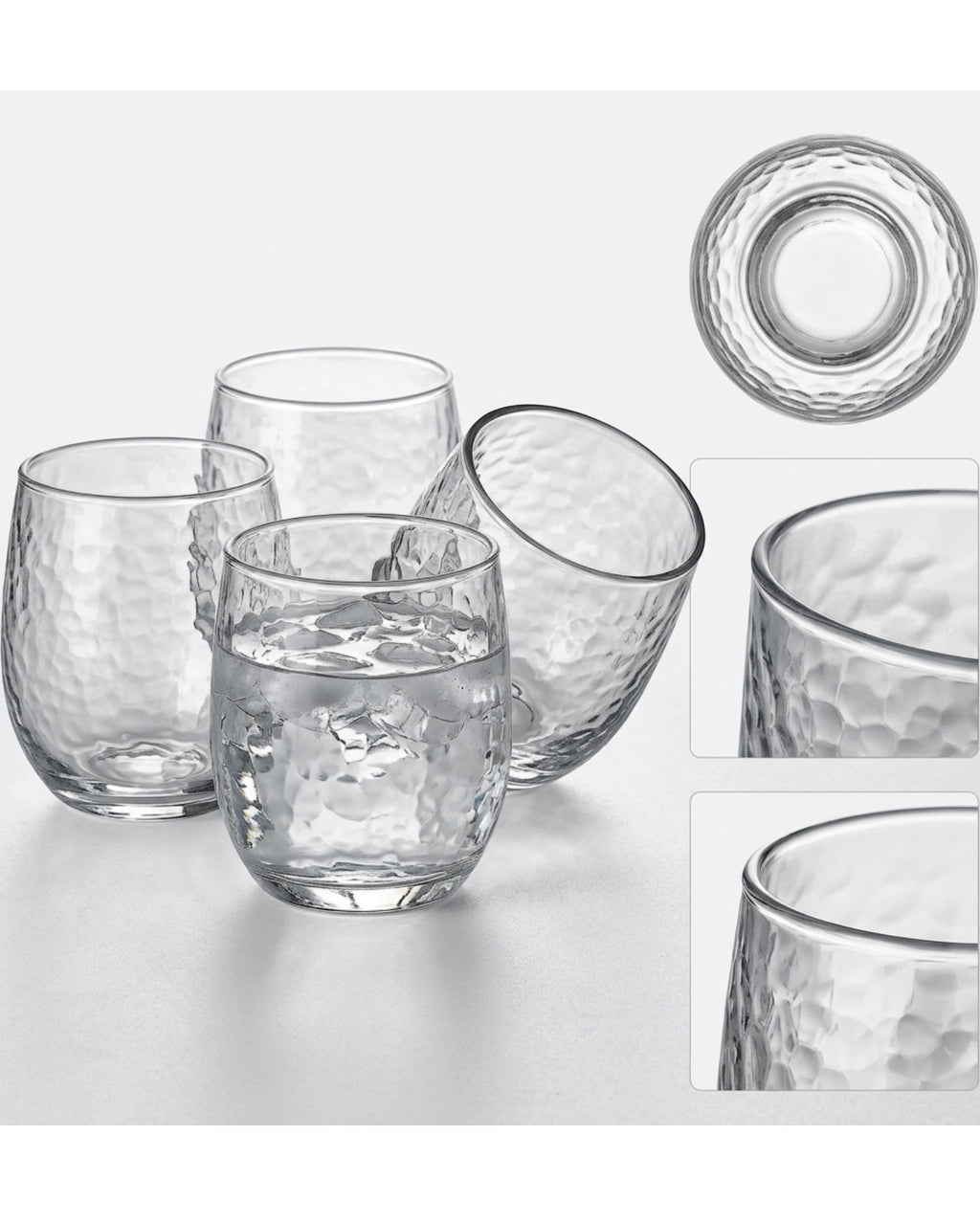 Activepl Hammered Glass Water Cups Clear 12 oz Set of 4