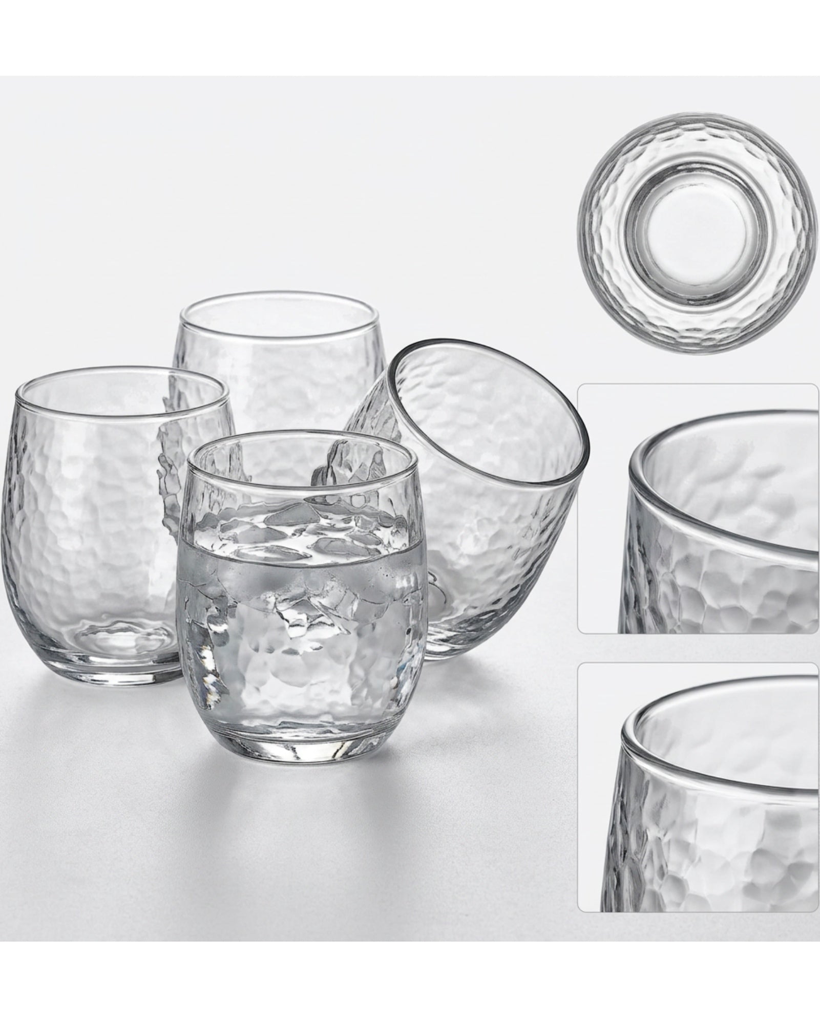 Activepl Hammered Glass Water Cups Clear 12 oz Set of 4